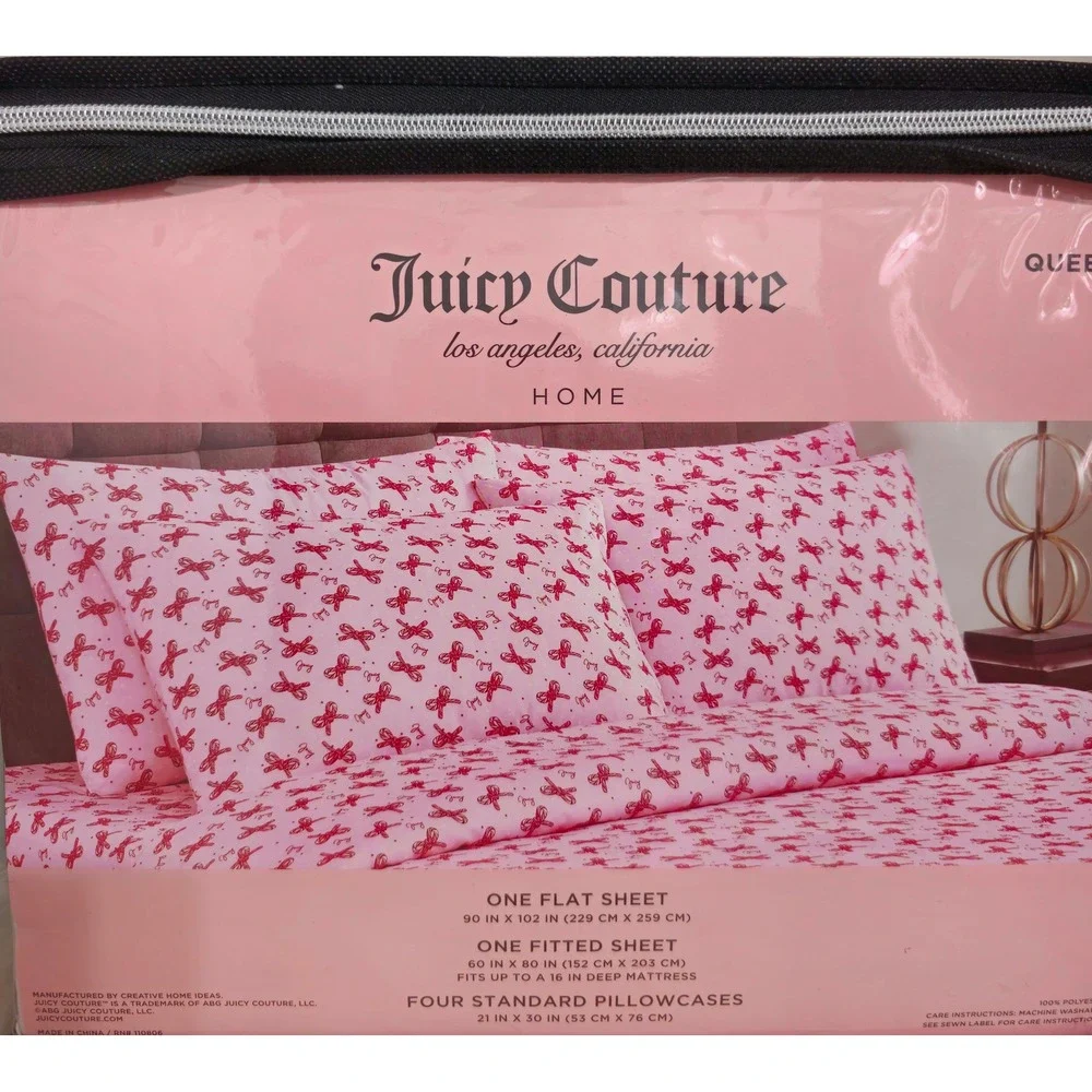 Juicy Couture Christmas Queen Sheet Set Pink Candy Cane Bow Bedding NWT